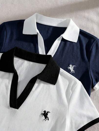 SHEIN 2 Packs Crop Knit Polo Top Set With Embroidery