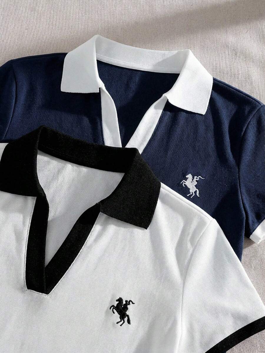 SHEIN 2 Packs Crop Knit Polo Top Set With Embroidery - Multicolor - View 1