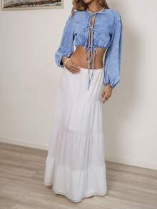 Sunnyshic Áo khoác denim dài tay dáng lửng cổ tròn thắt nơ phía trước dành cho nữ, kiểu dáng thường ngày. - Màu xanh lam - Xem 3