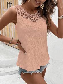 Breezaya Camisa sin mangas de unicolor con parches de encaje, casual para vacaciones - Rosa Pálido - Ver 6