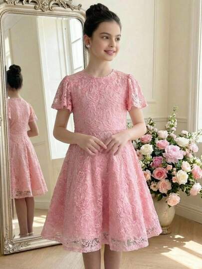 Pitira Tween Girls Pink, Flutter Sleeves, Round Neck, Fitted Waist, Glamorous Dress, Elegant, Suitable For Parties, Wedding Season, Holidays, Valentine's Day, Flower Girl/Bridesmaid Dress.