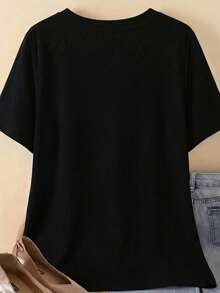 女士休闲印花圆领短袖T恤，夏季 - 黑色 - 查看 2