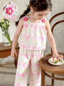 SHEIN Girls Pink Tie-Dye Sleeveless Shirt & Wide-Leg Pants Set,Cute Summer Matching Outfits For Kids,Family Vacation Stylish 2 Pcs Floral Co-Ords,Polyester - Pink - View 5