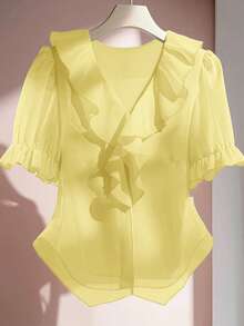 SHEIN Clasi 大码夏季休闲纯色荷叶边衬衫 - 淡黃色 - 查看 1