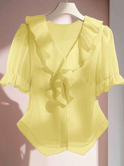 SHEIN Clasi 大码夏季休闲纯色荷叶边衬衫