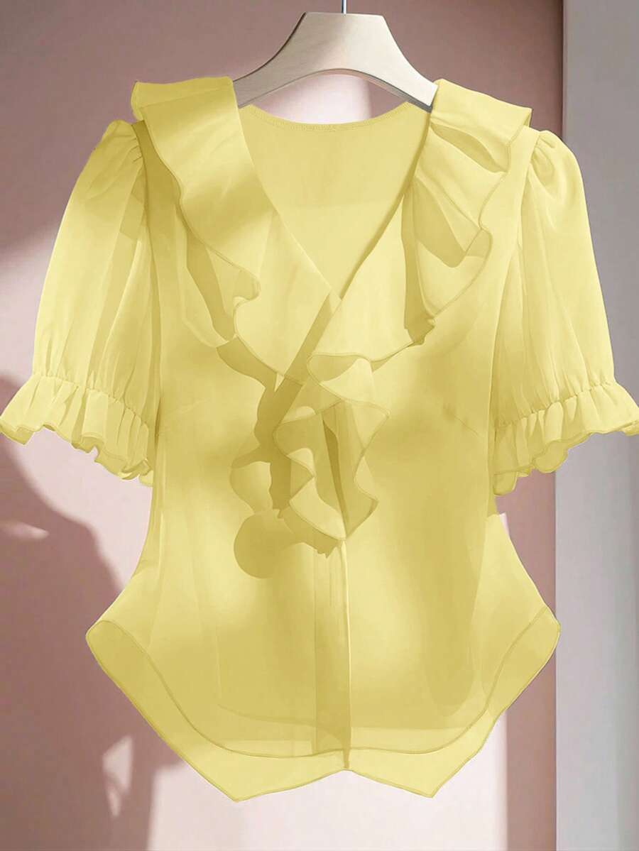 SHEIN Clasi 大码夏季休闲纯色荷叶边衬衫 - 淡黃色 - 查看 1