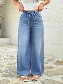 Rivivi 抽绳松紧腰休闲阔腿牛仔裤 - 淺色水洗藍 - 查看 5