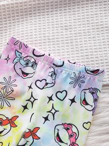 TEENAGE MUTANT NINJA TURTLES | SHEIN Bộ đồ mặc nhà thoải mái cho bé gái in hình hoạt hình, gồm áo tay ngắn cổ tròn và quần. - Màu Hồng baby - Xem 4