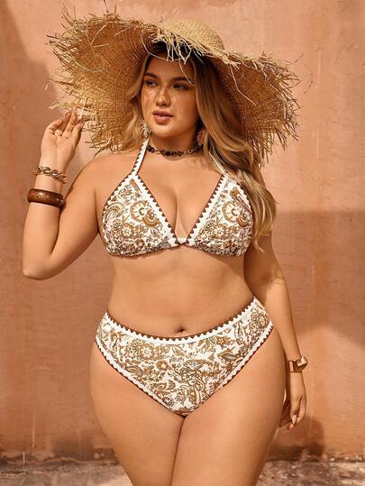 Swim Vcay Plus Size Women Summer Beach Halter Tie Sexy Bikini Swimwear Set
