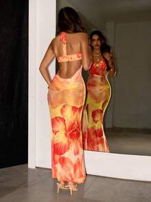 SHEIN ICON Sexy Floral Print Draped Neck Dress With 2 In 1 Design, Suitable For Vacation - Orange - View 2