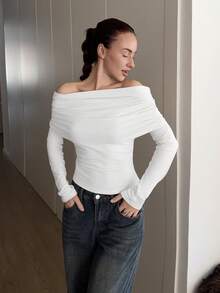 Abrilcols Camiseta ajustada con cuello cuadrado, hombros descubiertos, solapa grande y dobladillo con cordón, para primavera/otoño - Blanco - Ver 1