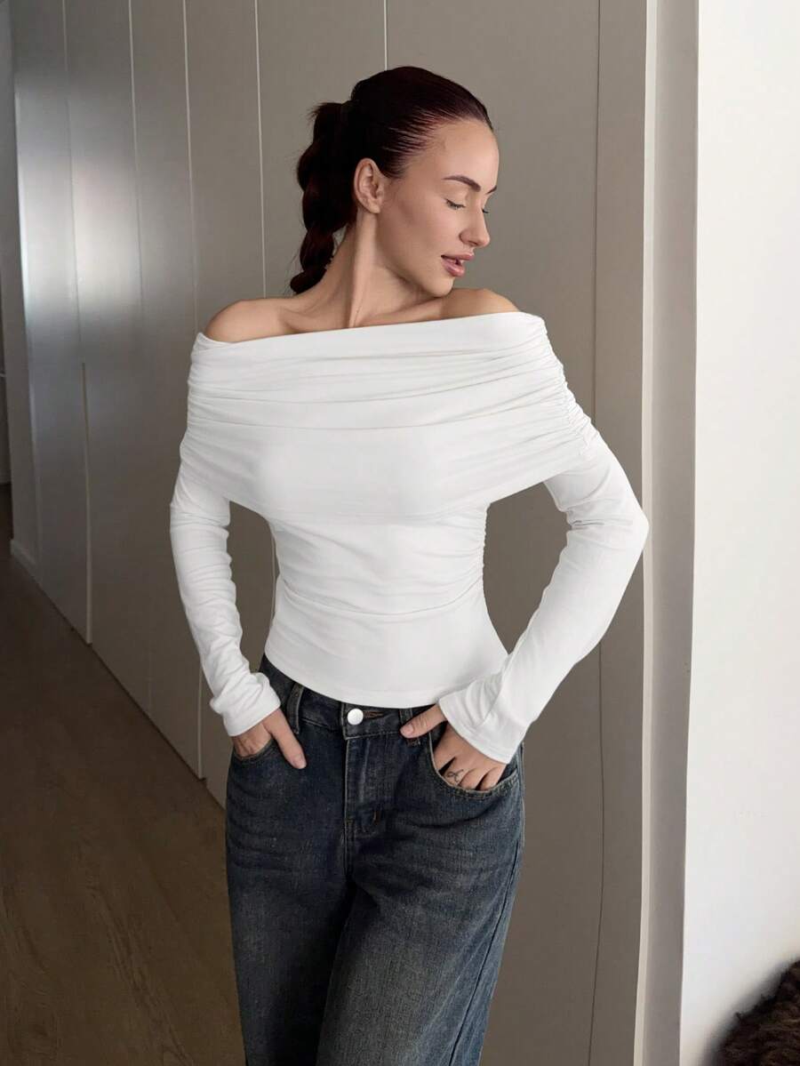 Abrilcols Camiseta ajustada con cuello cuadrado, hombros descubiertos, solapa grande y dobladillo con cordón, para primavera/otoño - Blanco - Ver 1