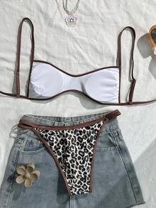 Swim Mod Women's 2pcs Sexy Leopard Print Random Pattern Spaghetti Strap Top And Triangle Bikini Set, Summer - Multicolor - View 2