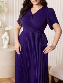 Modelyn Plus Size Elegant Solid Color Pleated Hem Dress, Summer - Purple - View 2