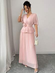 Elenzga Elegant And Sophisticated V-Neck Pleated Dress With A Three-Dimensional Floral Belt That Cinching The Waist And Creating A Slimming Effect. - Pink - View 4