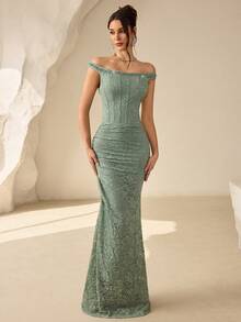 Coutiva High-End Beaded & Rhinestone Embellished Off-Shoulder Mermaid Evening Gown - Green - View 7