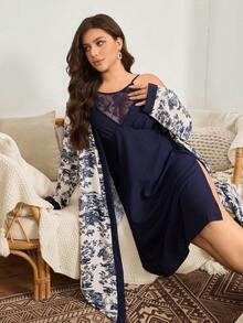 SHEIN Bộ 2 món cỡ lớn: Áo khoác in hoa và áo ngủ hai dây phối ren màu trơn. - Nhiều màu - Xem 7