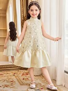 SHEIN 少女优雅无袖A字连衣裙，小立领设计，适合通勤穿着。 - 杏色 - 查看 7