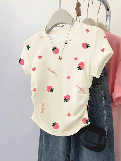 Resyla Women's Summer New Graphic Tee, Sweet Strawberry & Heart Print, Letter Design, Fitted Waist, Women's T-Shirt