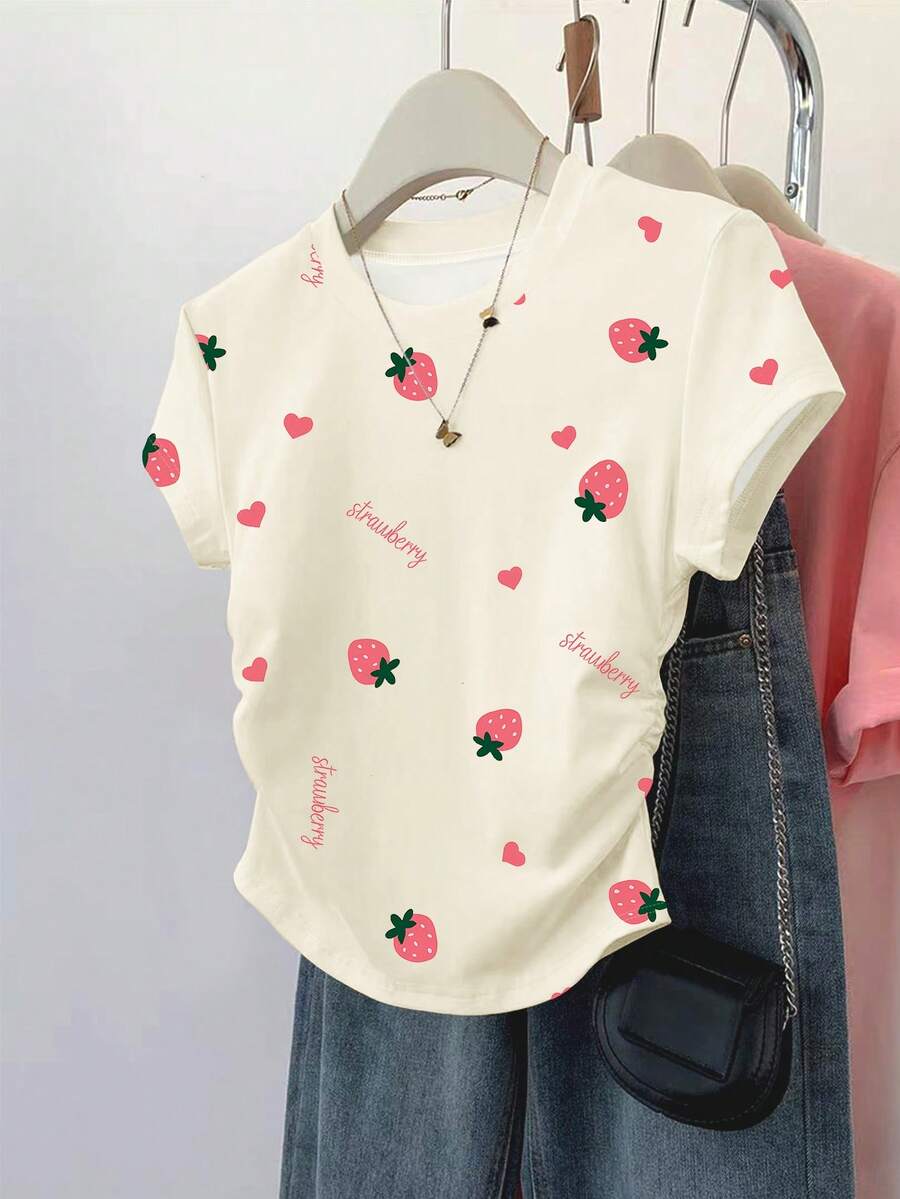 Resyla 女士夏季新款印花T恤，甜美草莓爱心印花，字母设计，修身腰部，女士T恤 - 彩色 - 查看 1