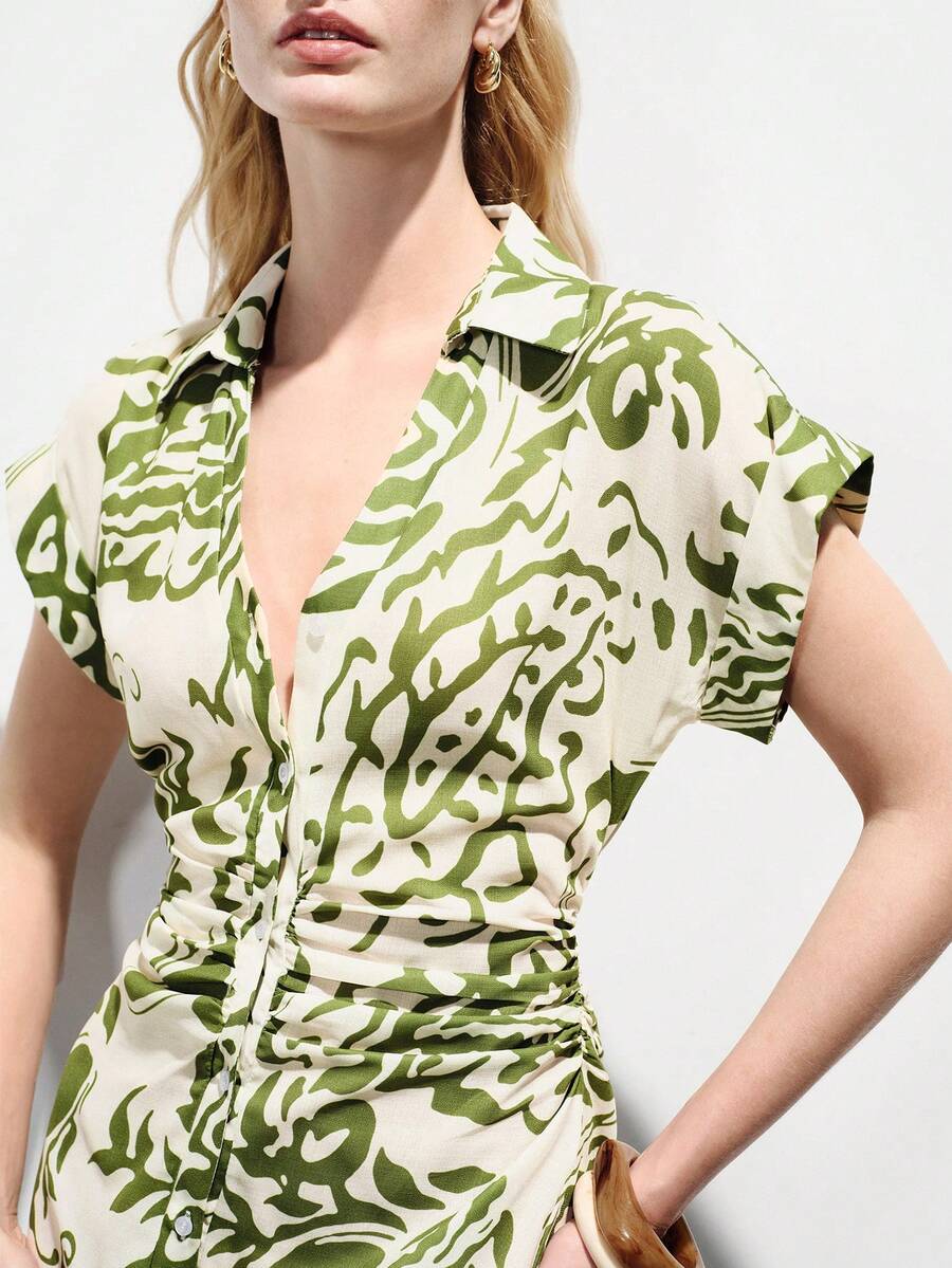 Aveloria Modichic Đầm sơ mi kiểu Bohemian cổ điển in hoa, cài cúc phía trước, xếp ly ở eo, phối màu trắng ngà và xanh ô liu, đa năng cho kỳ nghỉ thanh lịch, đi làm và mặc thường ngày. - Nhiều màu - Xem 1