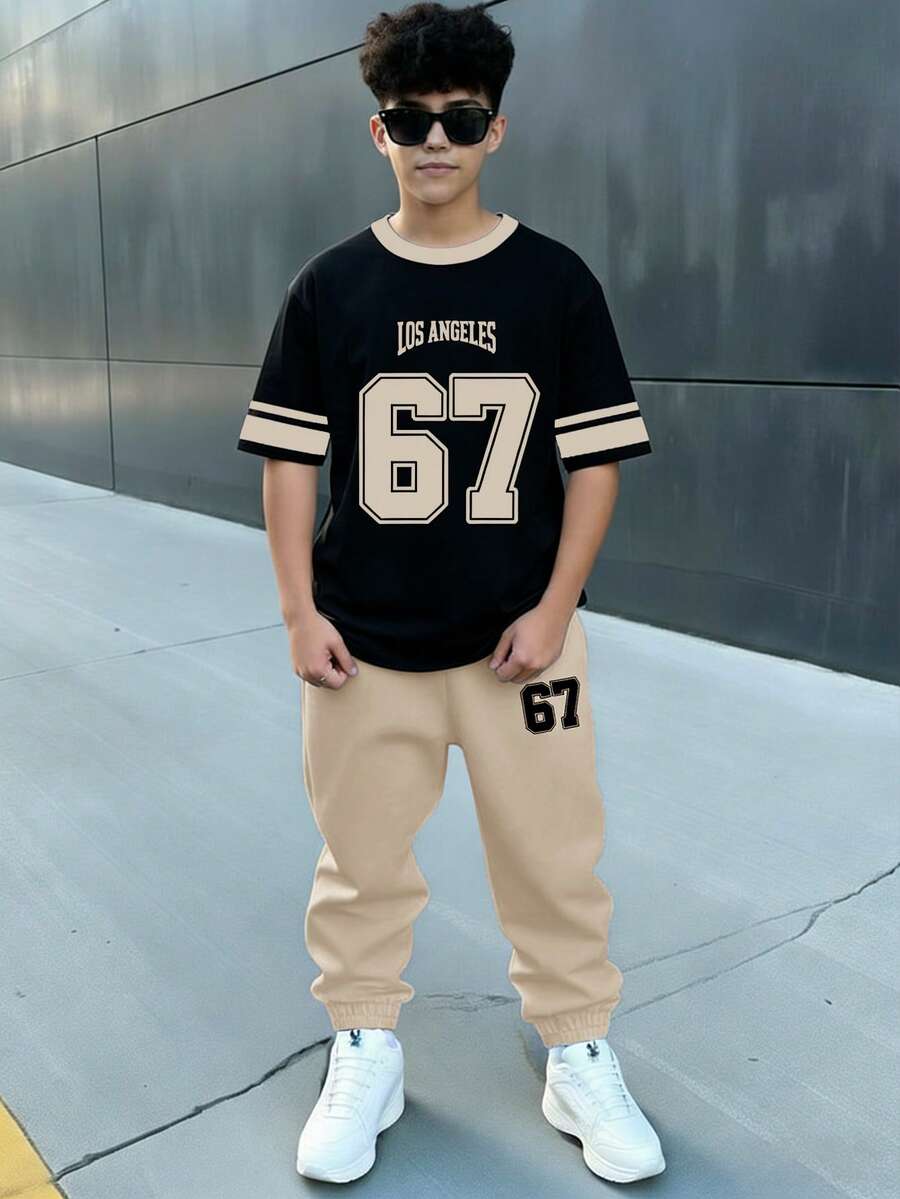 SHEIN 青少年男童休闲简约Y2K风格英文字母和数字67、6&7运动风复古美式撞色宽松舒适时尚圆领短袖T恤和裤子套装 - 白色 - 查看 1