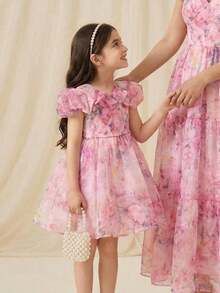 Young Girl Elegant Floral Pattern Midi Dress - Multicolor - View 1