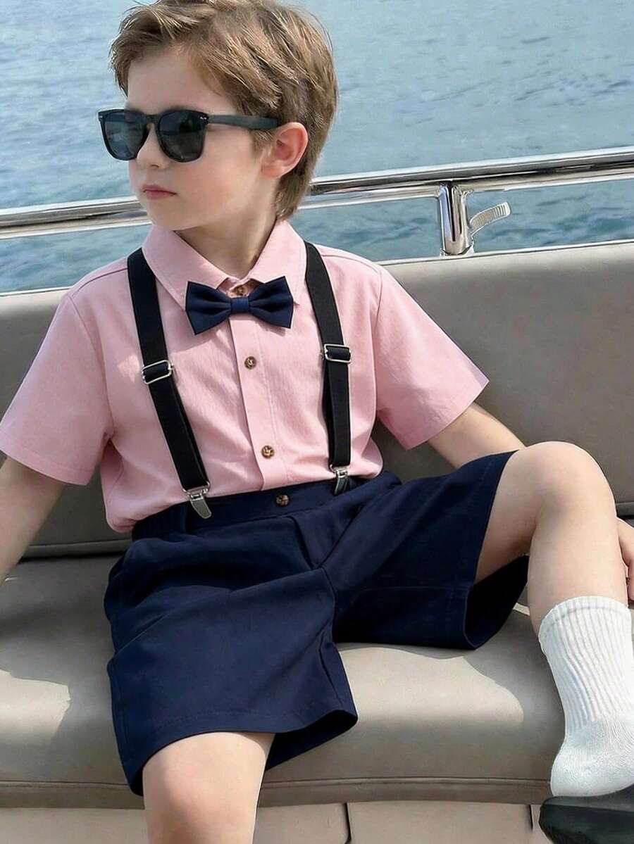 SHEIN 2pcs Kids Tween Boys Casual Daily Comfortable Polo Collar Cardigan Shirt With Bow Tie & Loose Shorts Bib Pants Gentleman Outfit Set