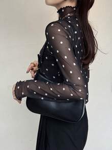 FRIFUL Áo cổ cao bằng vải lưới xuyên thấu dành cho nữ, thích hợp mặc nhiều lớp vào mùa thu. - màu đen - Xem 2