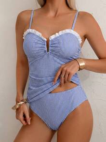 Swim Lushoire 2pcs Women's Summer Beach Minimalist Knit Jacquard Blue & White Striped U-Neck Ruffle Trim Camisole Top And Regular Triangle Tankini Bottom Swimsuit Set - Blue and White - View 6