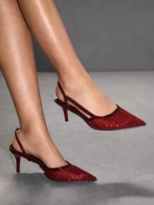 CUCCOO SZL Women's Shoes, Fashionable Light Gold Mesh Rhinestone Stiletto Pointed High Heels With Back Strap Disco Party Night Out Spring Shoes Spring Break Easter Prom Heels For Christmas Spring Shoes - dark burgundy - View 5