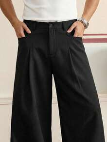 SWAVVY Celana Panjang Pria Ukuran Standar Warna Polos dengan Lipatan dan Kantong, Model Kaki Lebar, Celana Kasual Bisnis. - Hitam - View 5