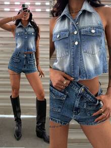 Jeanoix Chaqueta de mezclilla casual de moda con cuello halter y abotonadura sencilla para mujer, estilo Y2K - Lavado ligero - Ver 6