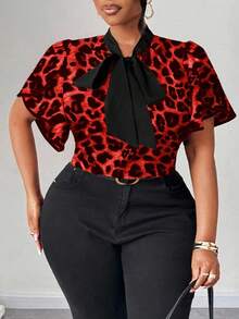 Maweii Plus Size Women's Elegant Romantic Heart Print Blouse With Bow Collar, Ruffle Trim And Contrast Color Design, New Spring/Summer - Multicolor - View 5