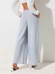 SHEIN ICON 夏季女士度假沙滩外出宽松蓝色条纹抽绳腰带口袋休闲百搭日常阔腿裤 - 彩色 - 查看 2