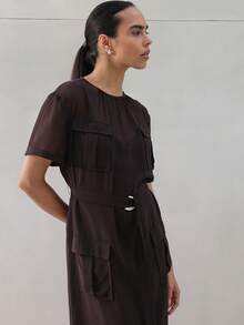 KSTM Women Chiffon Utility Midi Dress With Belt Short Sleeve Round Neck Semi Sheer Casual Office Versatile Lightweight Summer Spring - Coffee Brown - View 5