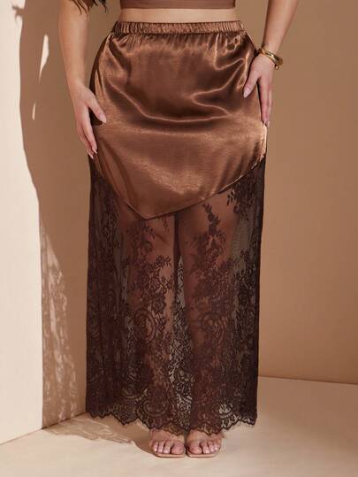 SHEIN BAE 大码女式咖啡棕色撞色蕾丝高腰裙