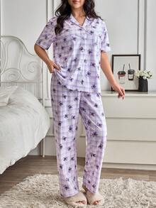 SHEIN Women PLUS SIZE 2 Pcs Button Front With BEAR&PLAID Pattern Shoert Sleeved Shirt & Long Pants Homewear Cute Comfort Casual Pajama Set - Multicolor - View 3