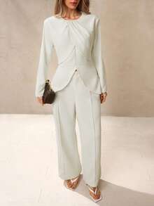 Modelyn French Elegant Business Solid Color Long Sleeve Top And Slim Fit Pants Set For Women - Beige - View 3