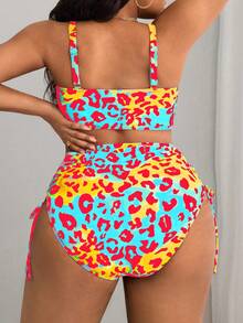 Slaydiva Plus Size Women's Colorful Leopard Print Tie-Up Bikini Set - Multicolor - View 2