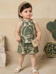 SHEIN 女宝宝可爱碎花度假套装：背心和裤子套装，两件套夏季服装 - 彩色 - 查看 1