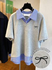 Resyla Women's Casual Everyday/Work Commute Striped Print Raglan Loose Fit 2 In 1 T-Shirt, Summer - Multicolor - View 1