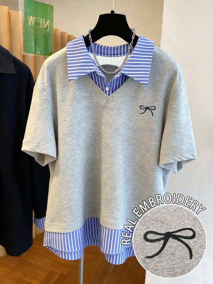 Resyla Women's Casual Everyday/Work Commute Striped Print Raglan Loose Fit 2 In 1 T-Shirt, Summer - Multicolor - View 1