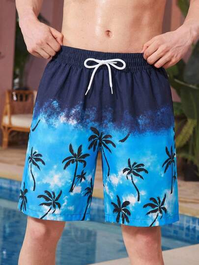 SHEIN 男童个性化棕榈叶印花泳裤，舒适透气，适合游泳池、海滩和度假穿着