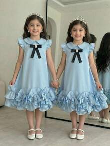 SHEIN Young Girl Color Block Peter Pan Collar Bow Decor Ruffle Hem A-Line Dress,College Style Dress,Spring/Summer Ramandan Style Matching Family Vacation - Blue - View 4