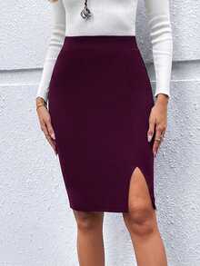 EMERY ROSE 女士纯色高腰侧开衩下摆优雅修身半身裙 - 紫色 - 查看 3