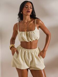 Opulessa 3pcs/Set Spring & Summer Vacation Woven Striped Loose Shirt & Camisole & Shorts Women 2 Pieces Set - Light Yellow - View 3