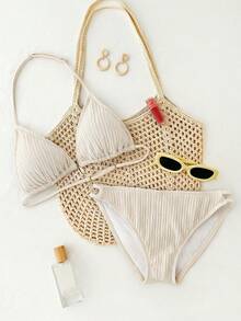 Conjunto de bikini de dos piezas para adolescentes, azul liso con textura de punto y decoración de conchas, camisola sin espalda y top triangular, traje de baño para playa y vacaciones de verano - Albaricoque - Ver 2