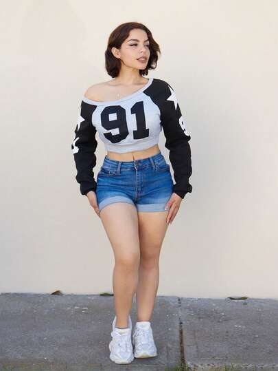 Lupita Cardoza 秋季休闲撞色学院风数字图案斜肩长袖卫衣