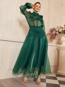 VOLUPTÉ CURVE 大码春夏套装，优雅复古法式风薄纱连衣裙，绿色蝴蝶结领，灯笼袖，高腰拼接喇叭袖层叠中长连衣裙，适合工作、派对、约会等场合。 - 墨綠色 - 查看 6